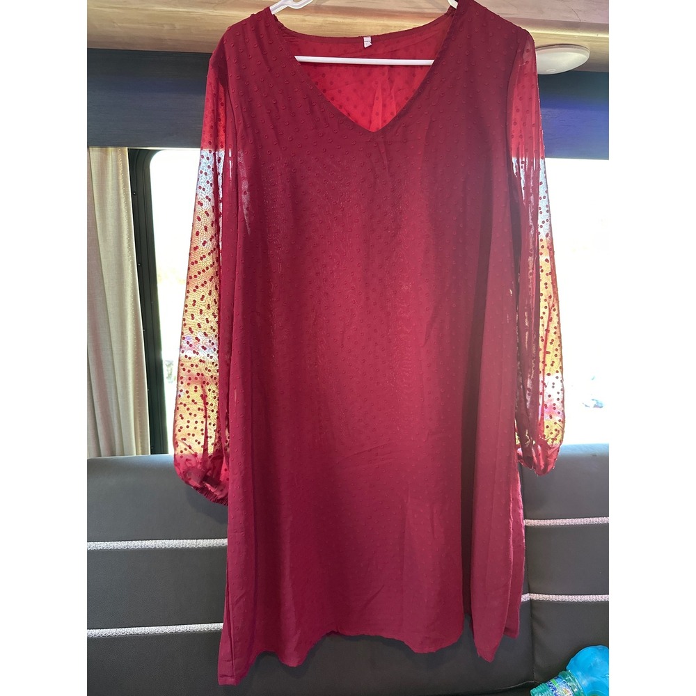 Burgundy Swiss Dot V-Neck Mini Dress Sheer Long Sleeve Shift Red Medium